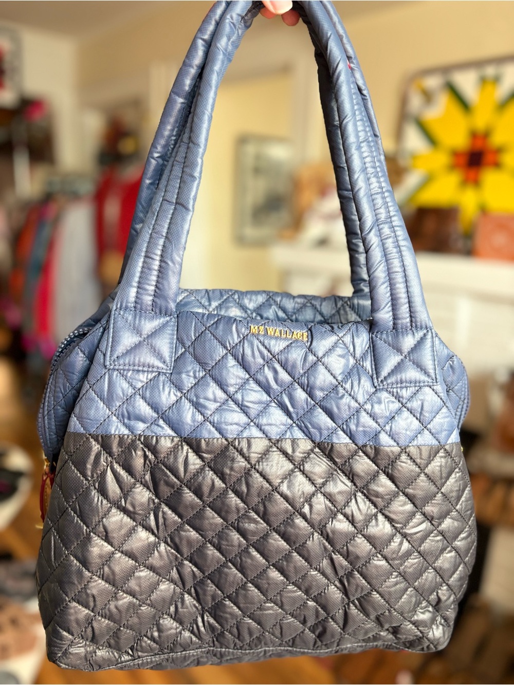 MZ Wallace Quilted Navy and Gray Shoulder Tote